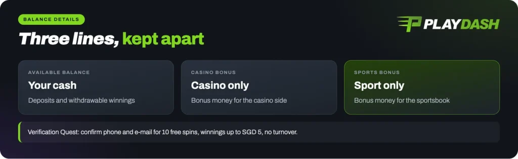 Playdash Balance Details: Available Balance, Casino Bonus and Sports Bonus
