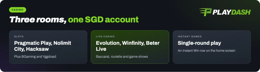 Playdash casino: slots, live casino and instant games in one SGD account