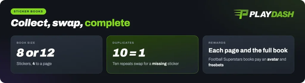 Playdash sticker books: 8 or 12 stickers, ten duplicates swap for one missing sticker